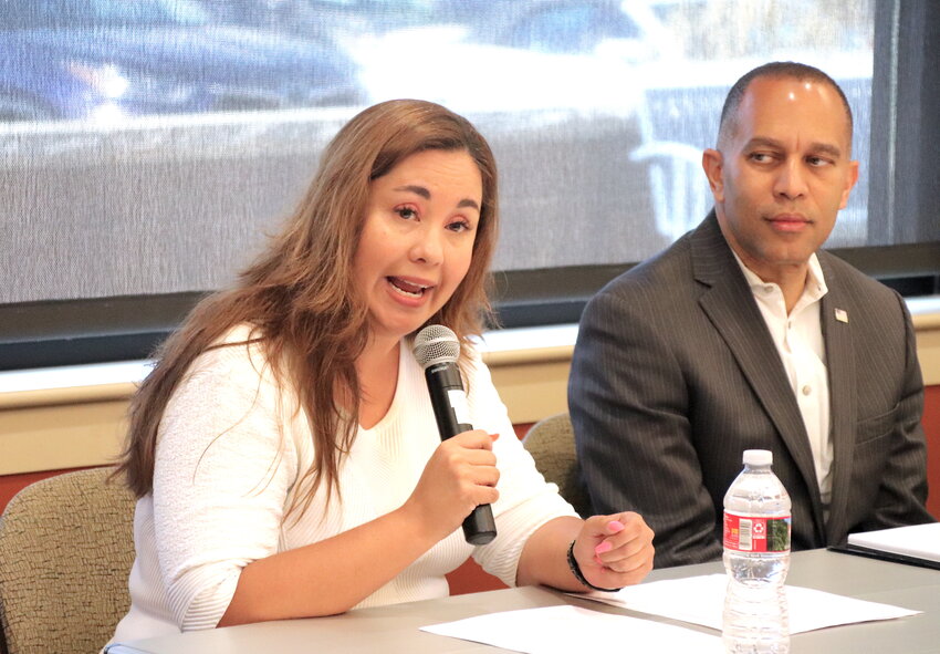 Congresswoman Yadira Caraveo talks about the importance of Social Security during a roundtable discussion at Brighton's Eagle View Adult Center Aug. 22 while House Minority Leader Hakeem Jeffries, D-NY, listens.